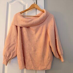Balletcore Women's Light Pink Cowl Neck Sweater - Pearl Detail (L)